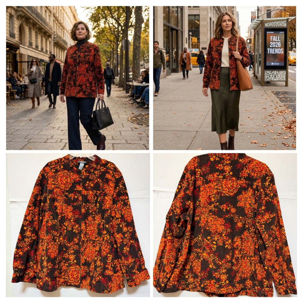 Liz & Me Corduroy Jacket Floral Paisley Full Zip Mock Neck Cottage Old Money 2X